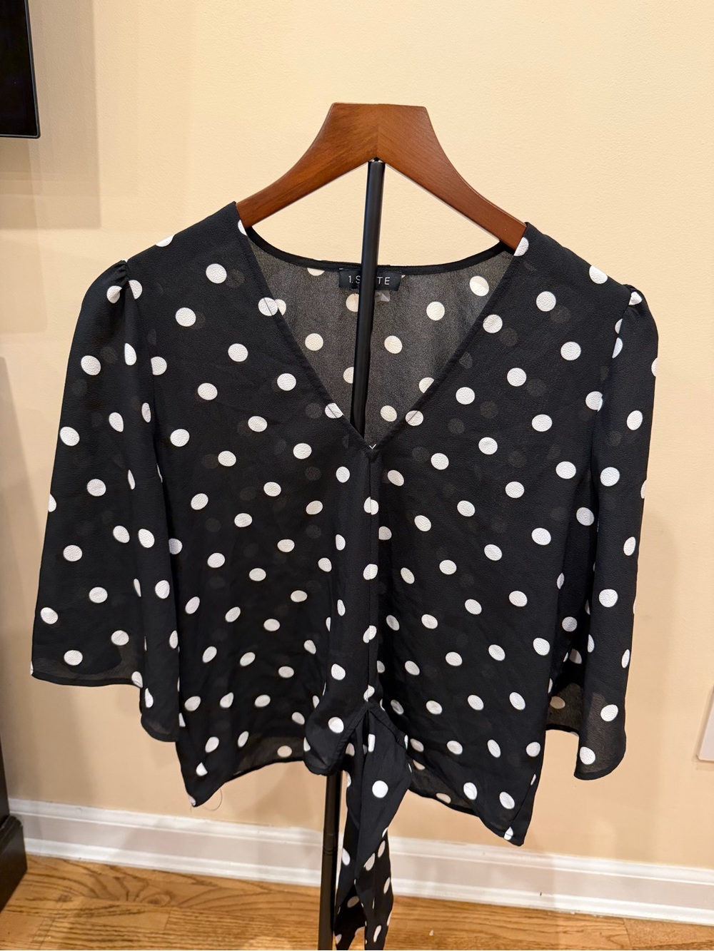 1.STATE Black and White Polka Dot Tie-Front Blouse